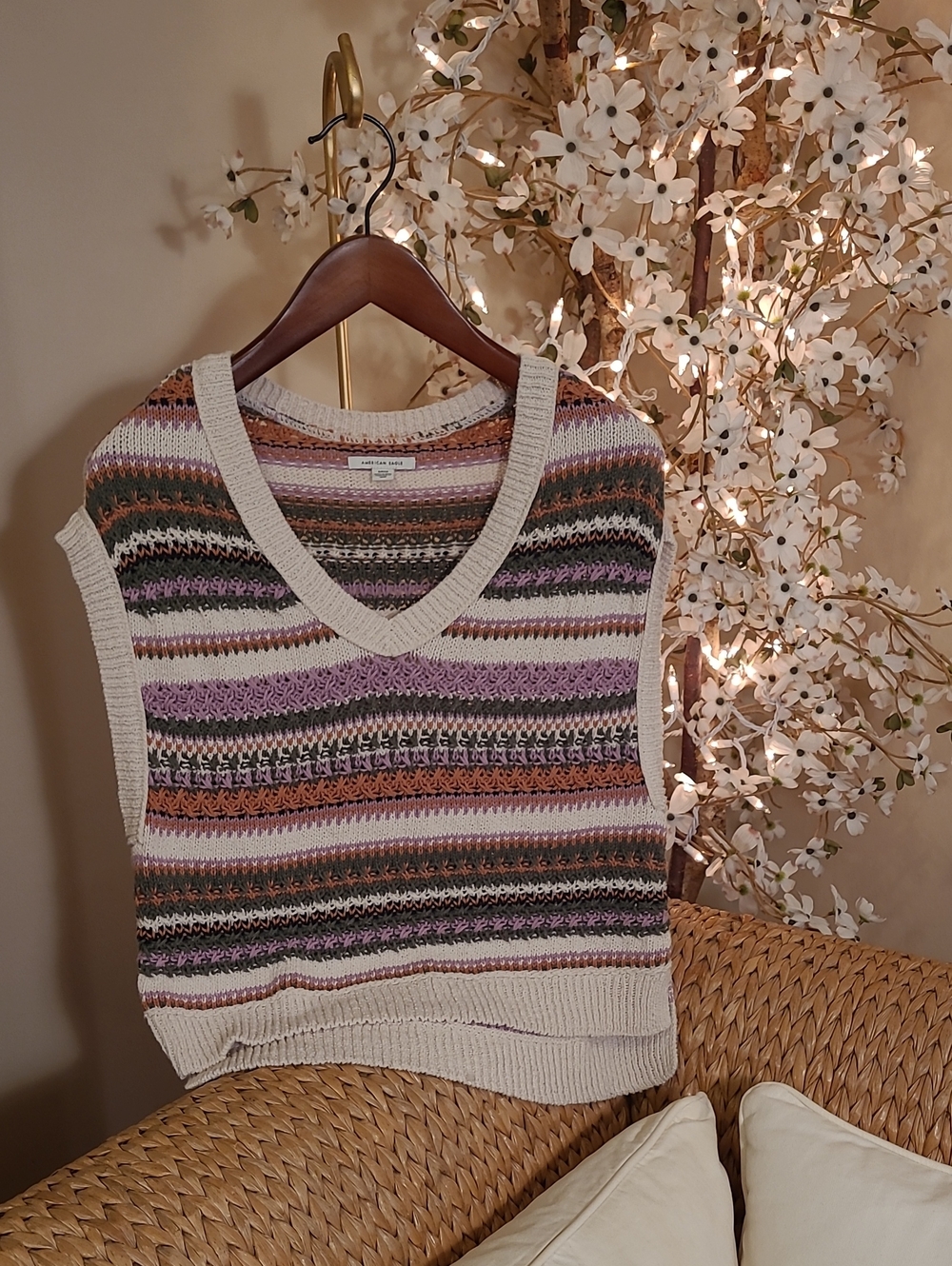 American Eagle Oversized Split Hem Striped Sleeveless Sweater